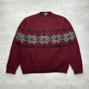 Eddie Bauer Sweater Mens Medium Red 100% Wool Fair Isle Pullover Crewneck